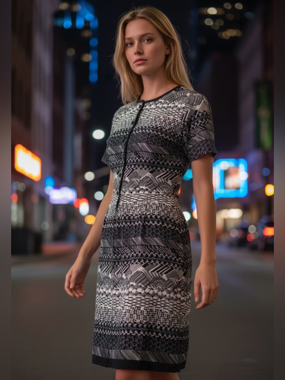Vintage 70s jersey knit Black & White Geometric Dress 16